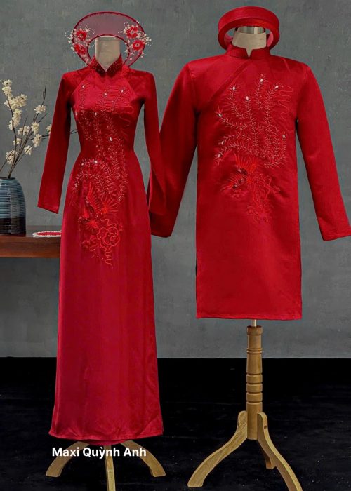 Cặp Áo Dài Cưới Đỏ Thêu Cao Cấp