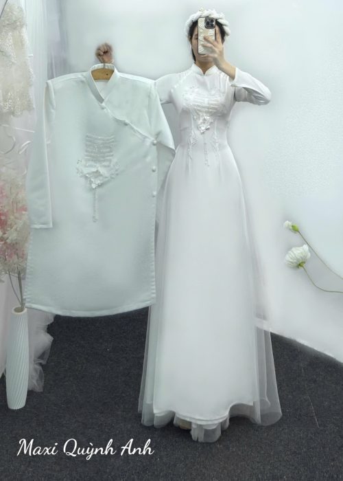 Cặp Áo Dài Cưới Trắng Chữ Hỷ