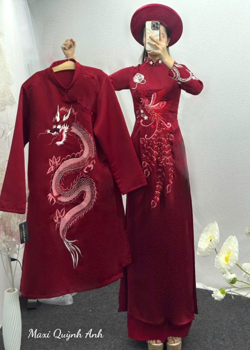 Cặp Áo Dài Cưới Đỏ Thêu Phượng Hoàng