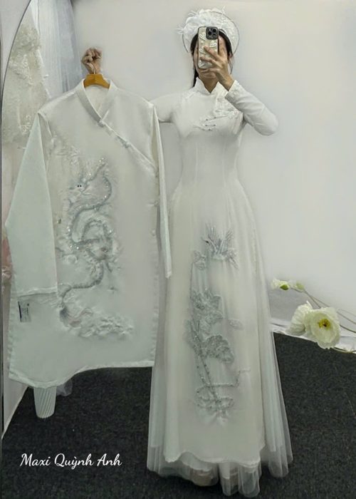 Cặp Áo Dài Cưới Trắng Thêu Cao Cấp