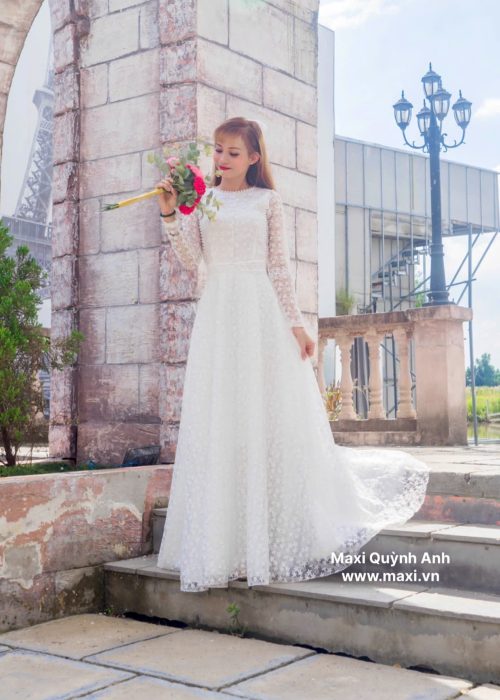 Đầm Dạ Hội Tay Dài Phối Ren Cao Cấp