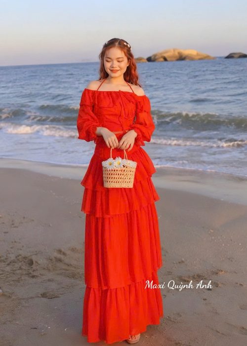 Set Maxi Đỏ Tay Dài Cao Cấp