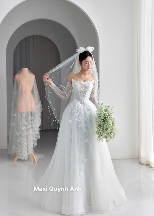 Váy Cưới Trễ Vai Ren Hoa Nổi