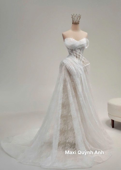 Váy Cưới Ren Trắng Cúp Ngực – Tôn Dáng Hoàn Hảo, Sang Trọng Ngày Trọng Đại