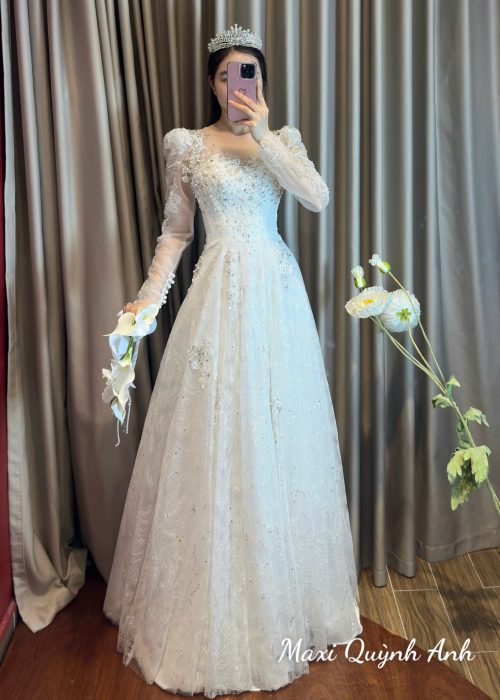 Váy Cưới Kim Sa Tay Dài Nhẹ Nhàng