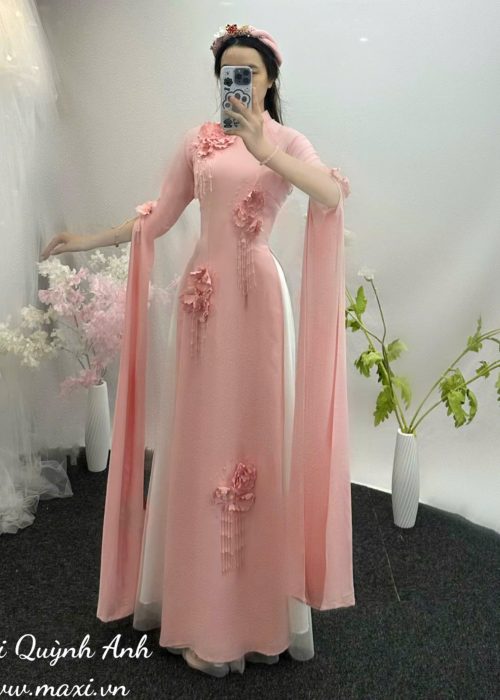Áo Dài Hồng Hoa Nổi Tay Lếch Cao Cấp - Áo Dài Thanh Chi