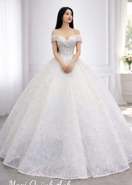 Váy Cưới Trễ Vai Kim Sa Đính Đá