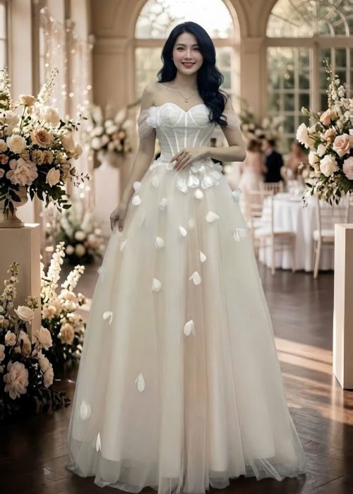 Váy Cưới Trễ Vai Voan Hoa Nhẹ Nhàng