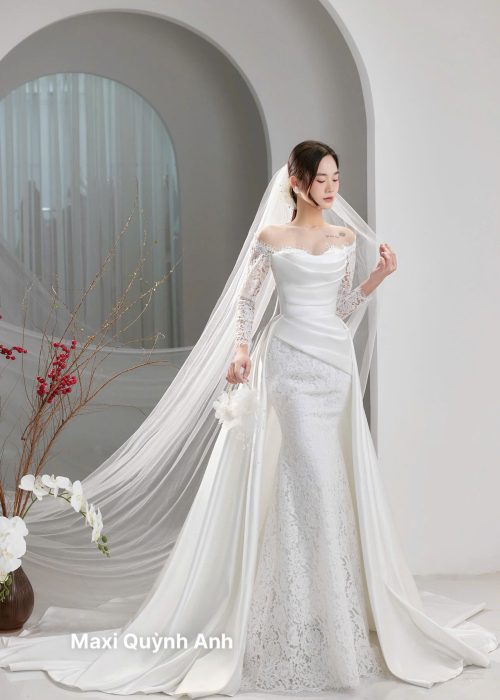 Váy Cưới Cúp Ngực Trễ Vai Tinh Khôi