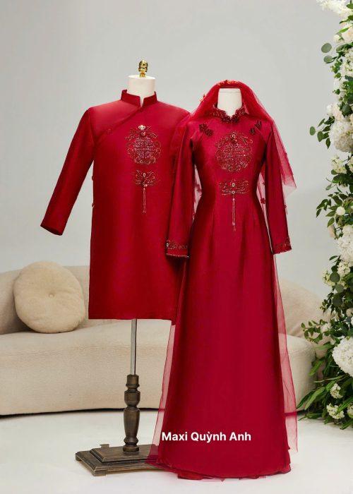 Cặp Áo Dài Cưới Cẩm Tú Hồng Diên