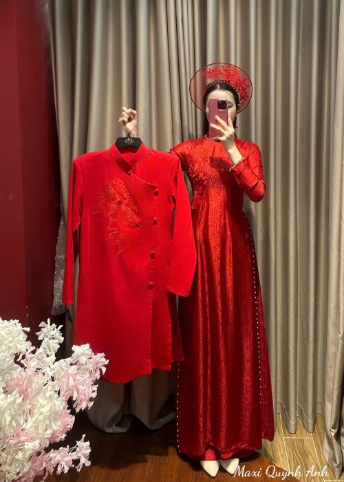 Cặp Áo Dài Gấm Tơ Tằm Thêu Cao Cấp
