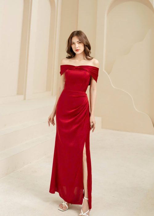 Set dạ hội đỏ kèm trễ vai