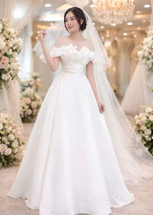 Váy Cưới Trễ Vai Kết Hoa Cao Cấp