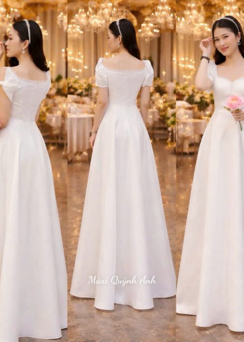 Váy Dạ Hội Tay Phồng Nơ Lưng Trắng