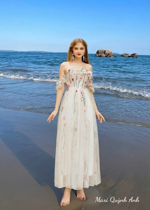 Đầm Maxi Voan Hoa Trễ Vai Tiểu Thư Tao Nhã