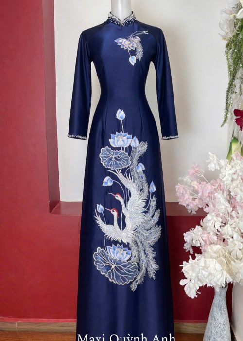 Áo Dài Trung Niên Xanh Than Thêu Cao Cấp - Hạc Liên Cát Tường