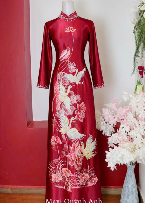 Áo Dài Trung Niên Đỏ Thêu Cao Cấp - Phúc Hạc Liên Hoa