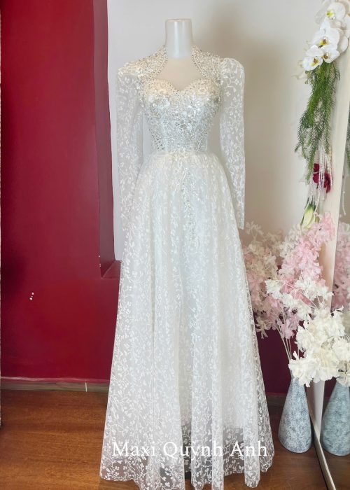 Váy Cưới Kim Sa Tay Dài Thanh Lịch