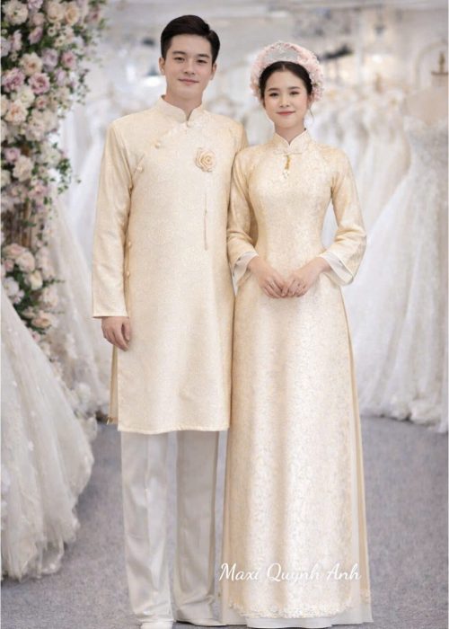 Cặp Áo Dài Vàng Son Gấm Ngọc Hoa (GNVS)