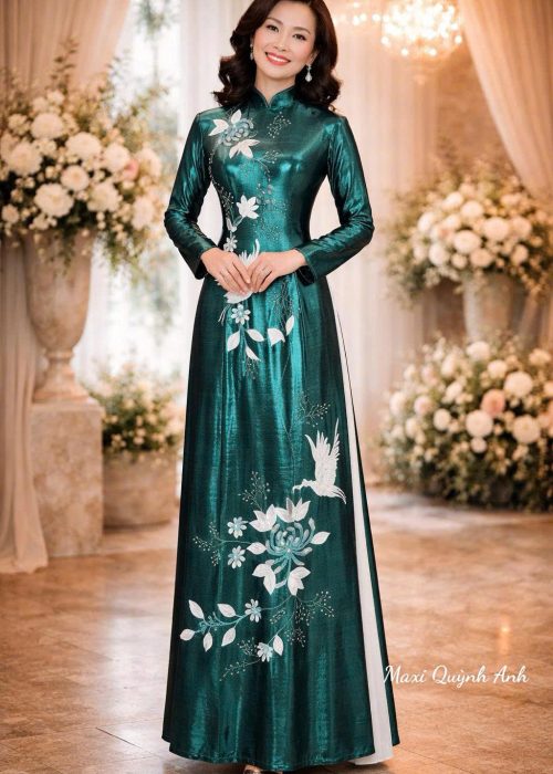 Áo Dài Trung Niên, Sui Gia Xanh -Thêu Kết Hạc Linh Chiêu Tú