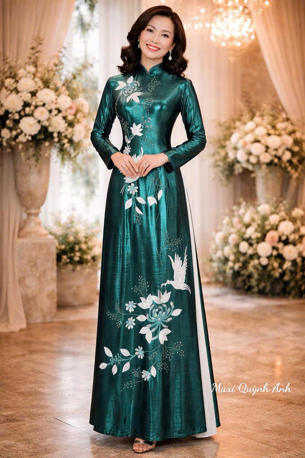 Áo Dài Xanh Cao Cấp - Hạc Linh Chiêu Tú