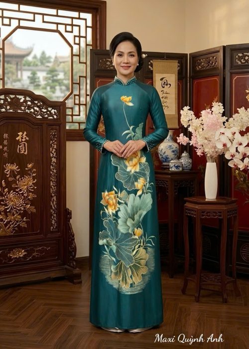Áo Dài Trung Niên, Sui Gia -Thêu Ép Đá Thanh Ngọc Liên Hoa