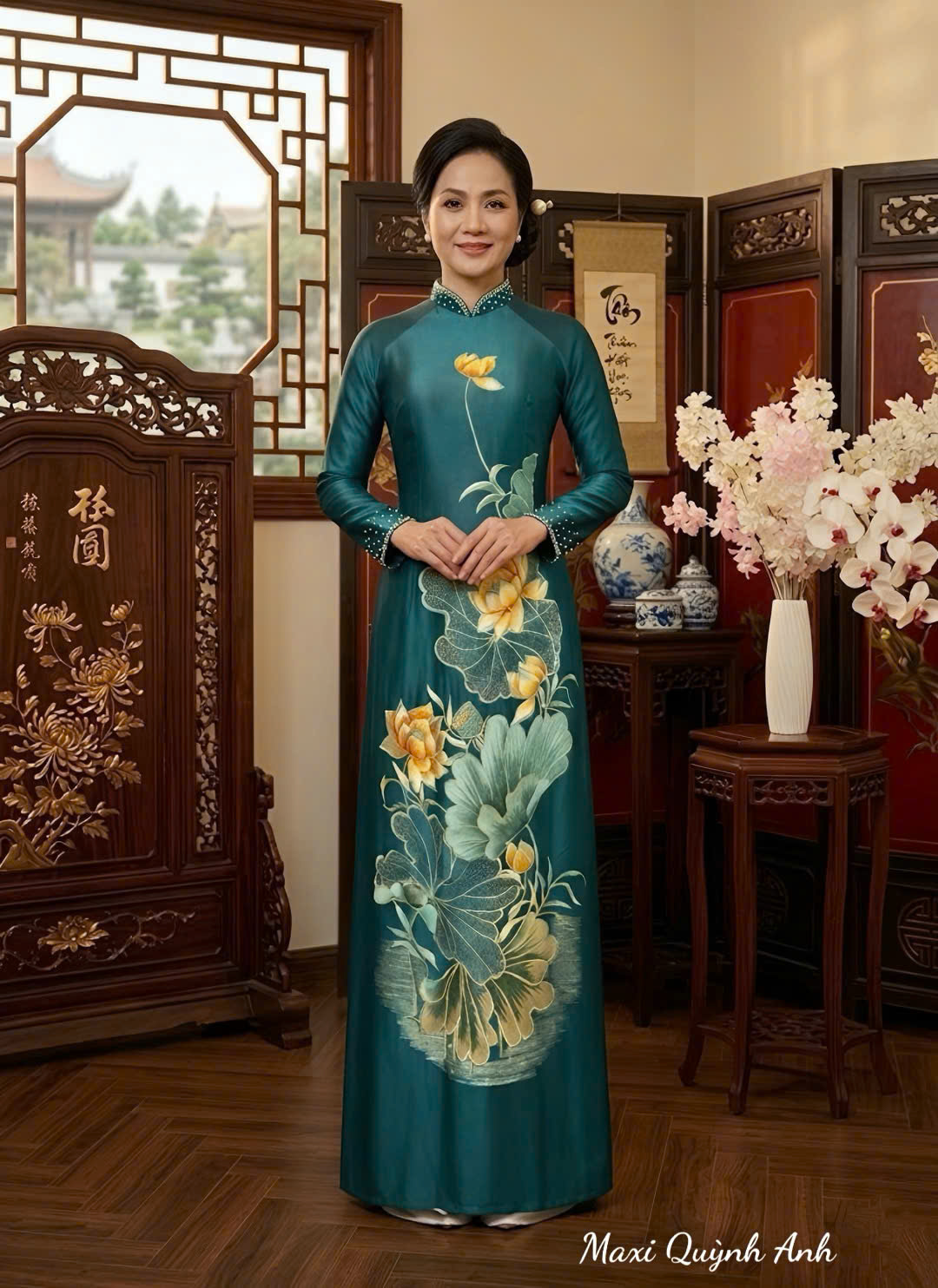 Áo Dài Xanh Ngọc Bích Sang Trọng - Áo Dài Thanh Ngọc Liên Hoa