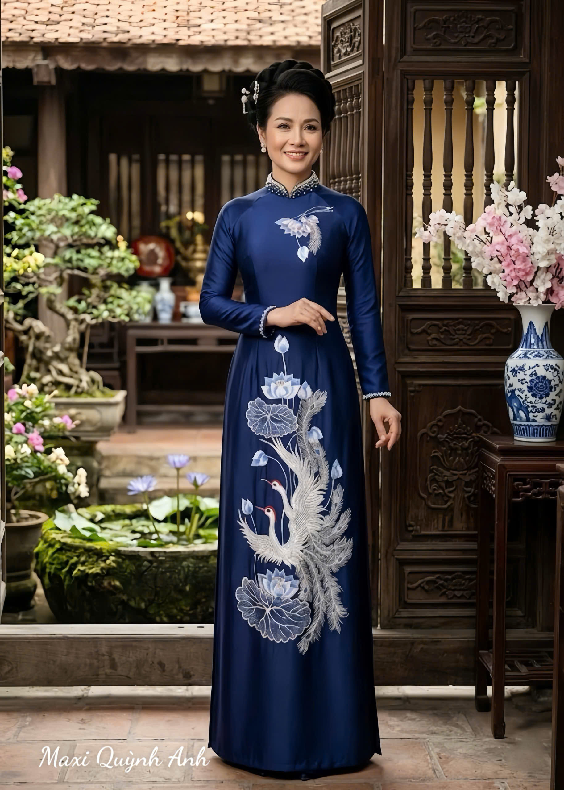 Áo Dài Trung Niên Xanh Than Thêu Cao Cấp - Hạc Liên Cát Tường