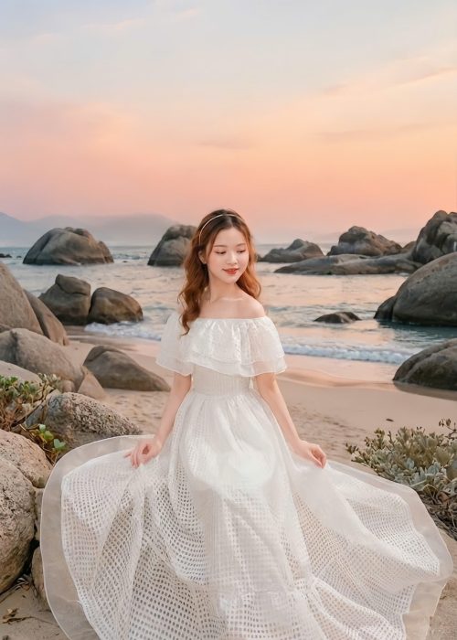 Váy Maxi Trễ Vai Kiếng Trắng