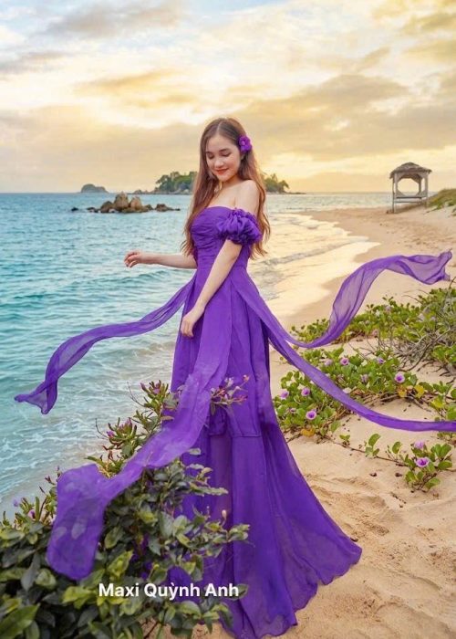 Váy Maxi Cup Ngực Tím Xẻ Tà