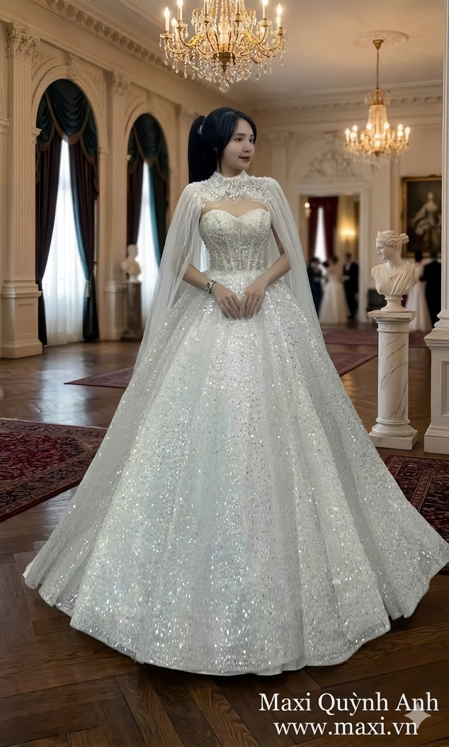 Váy Cưới Kim Sa Cao Cấp Kèm Choàng