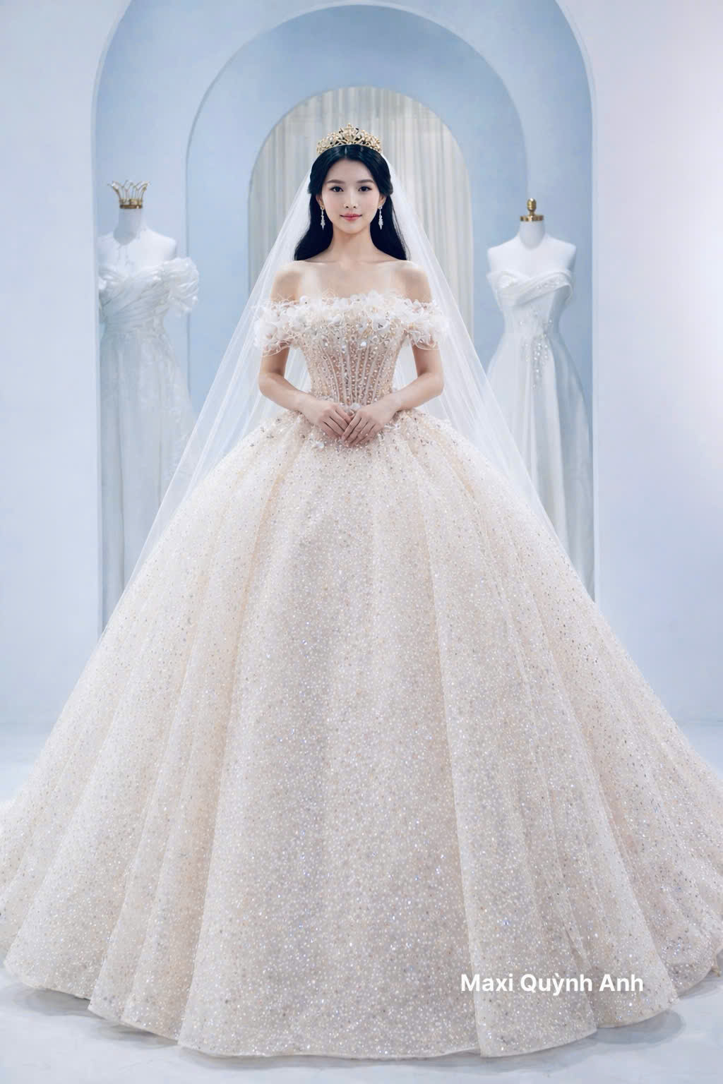 Váy Trễ Vai Đính Hoa Cao Cấp