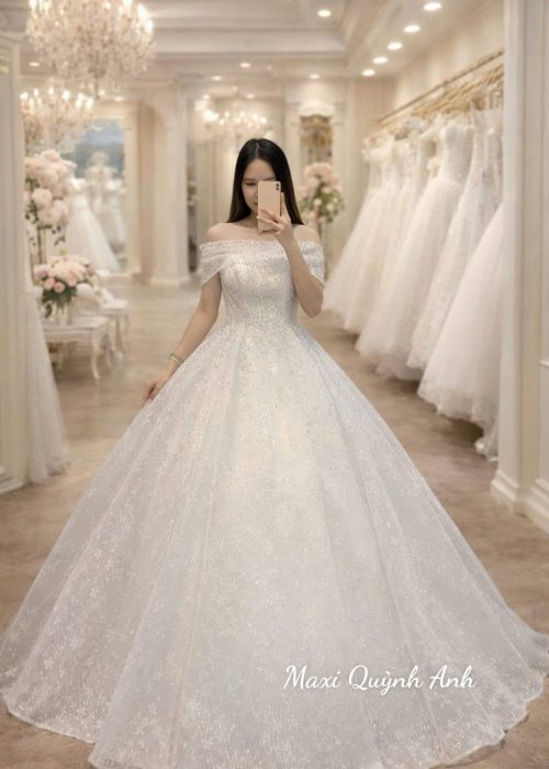 Váy Cưới Kim Sa Dệt Trễ Vai (Bigsize)