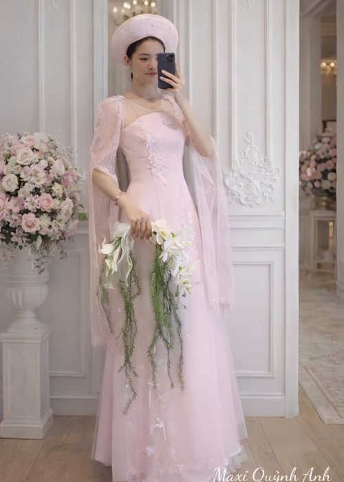 Áo Dài Cưới Ren Hồng Hoa 3D Cao Cấp