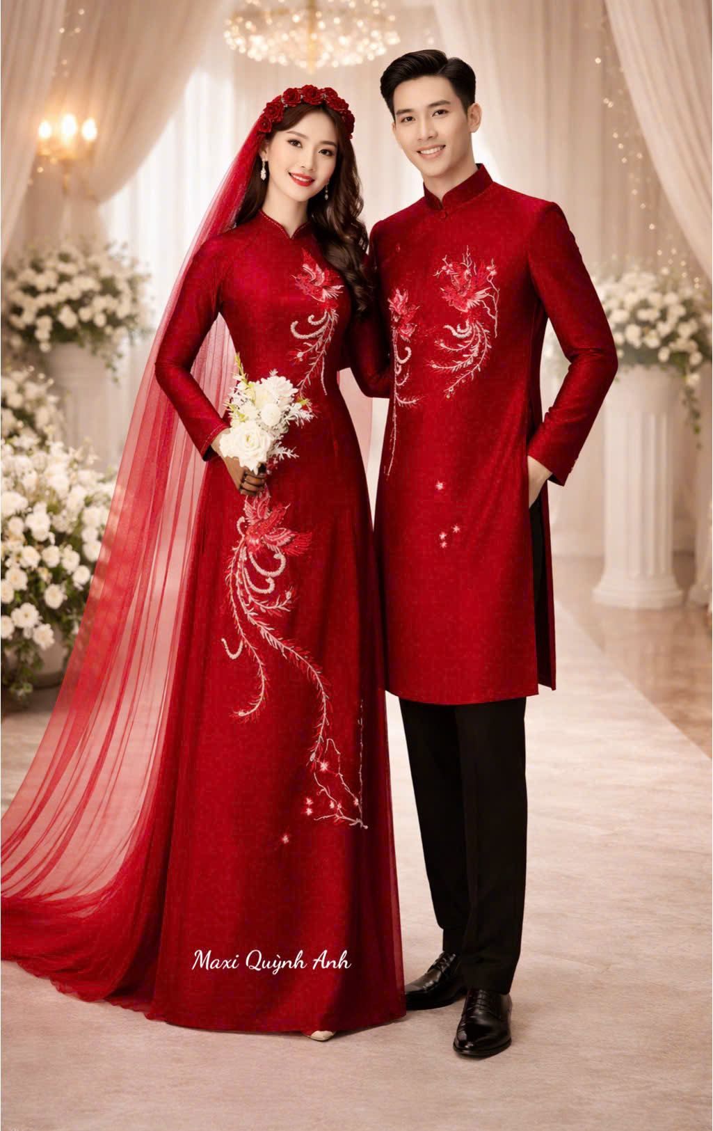 Cặp áo dài cưới thêu phụng cao cấp