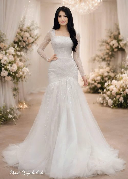 Váy Cưới Body Kim Sa Tay Dài Cao Cấp