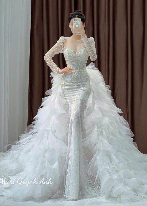 Váy Cưới Body Kim Sa Tay Dài Cao Cấp - Kèm choàng rời