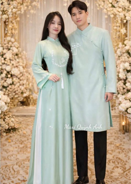 Cắp Áo Dài Cưới Xanh Ngọc Hoa Kết