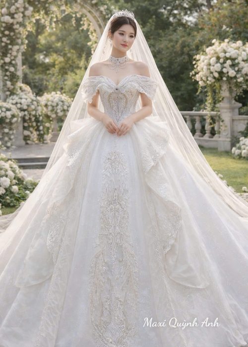 Váy Cưới Trễ Vai Kim Sa Cao Cấp