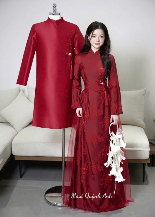 Cặp Áo Dài Cưới Gấm Hoa Cao Cấp