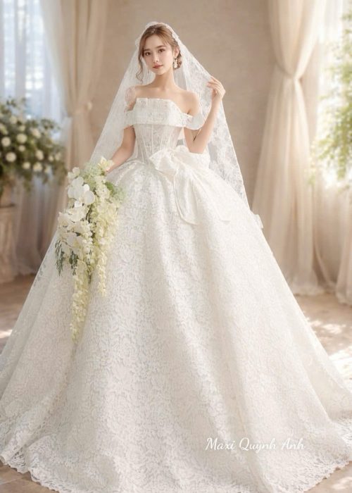 Váy Cưới Phối Ren Nơ Cao Cấp