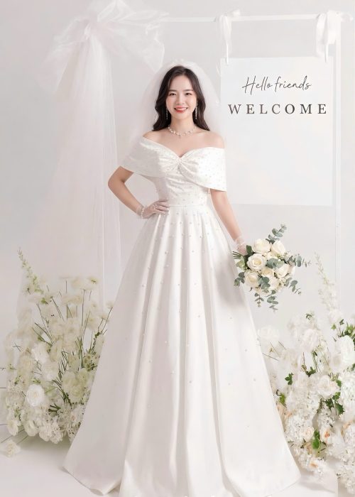 Váy Cưới Trễ Vai Ngọc Trai Nơ Cao Cấp
