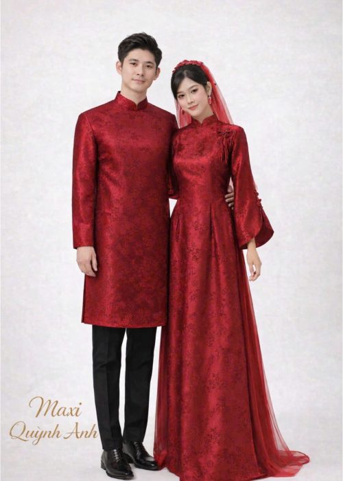 Cặp áo dài cưới gấm đỏ cao cấp
