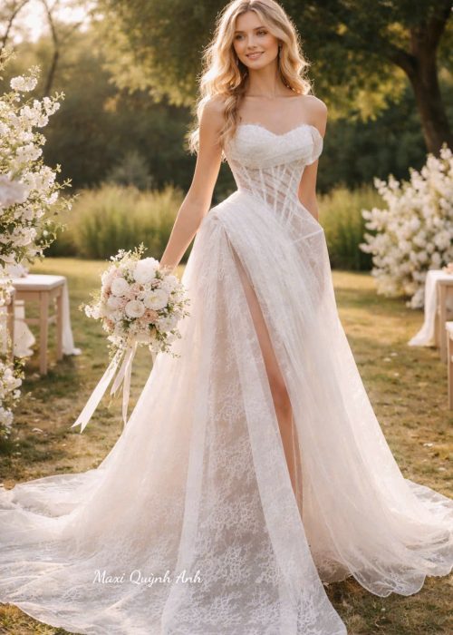 Váy Cưới Ren Trắng Cúp Ngực – Tôn Dáng Hoàn Hảo, Sang Trọng Ngày Trọng Đại