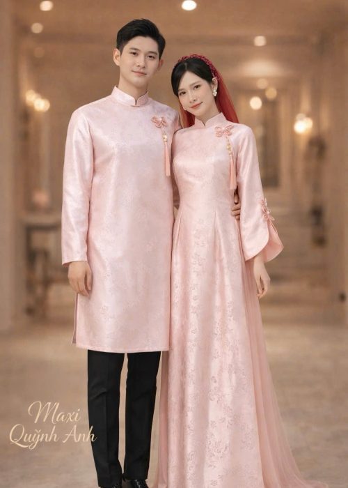 Cặp áo dài gấm hồng cao cấp