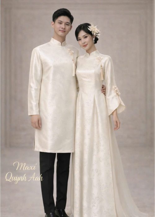 Cặp áo dài gấm kem cao cấp