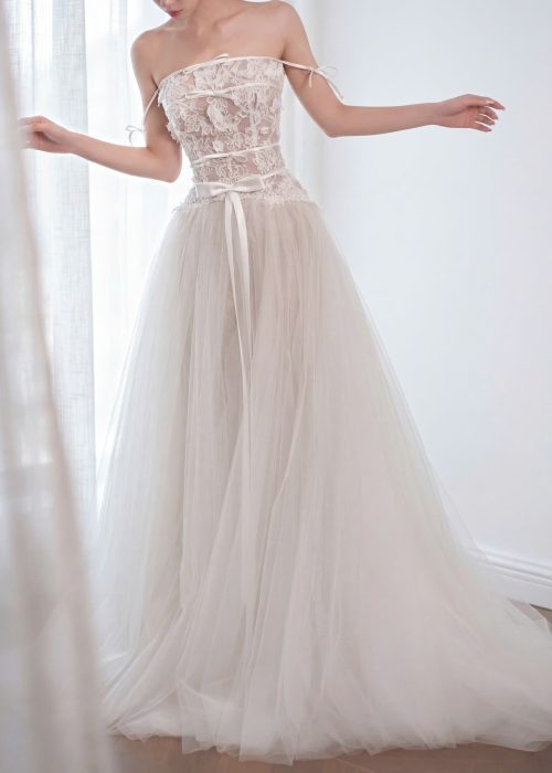 Váy cưới trễ vai phối ren nơ cao cấp