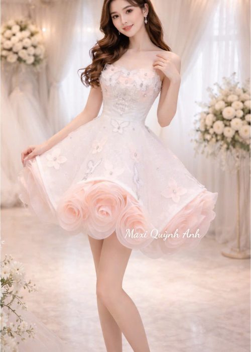 Váy Cưới Ngắn Kim Sa hoa Nổi Hồng