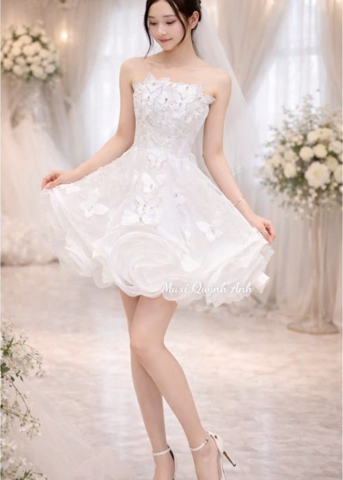Váy Cưới Ngắn Kim Sa Hoa Nổi Trắng