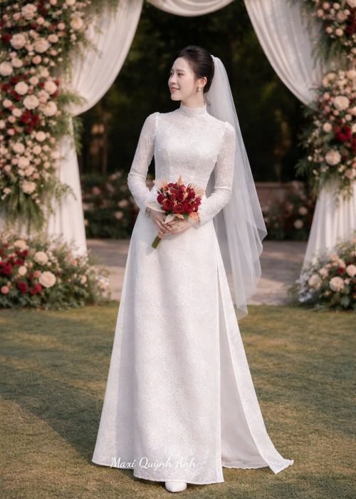 Áo Dài Cưới Ren Tay Dài Thanh Lịch
